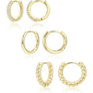 Gold huggie hoop earrings set small lightweight cubic zirconia twist hoops